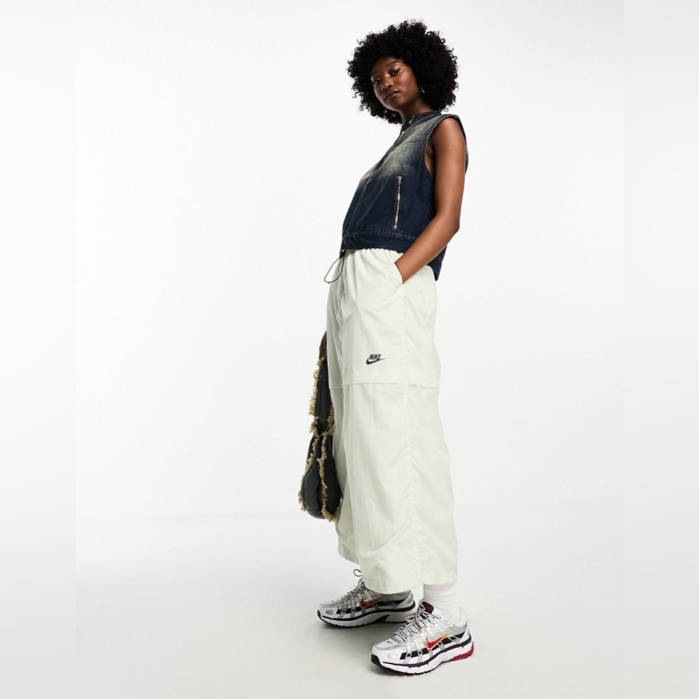 NWT Nike Sportswear Woven Soft Cream Green Long Drawstring Midi Skirt Sz L